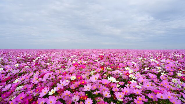Field of pink cosmos flowers under a cloudy sky