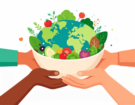 Hands holding a bowl of fresh vegetables and fruits, with the Earth as the centerpiece, symbolizing global healthy eating and nourishment