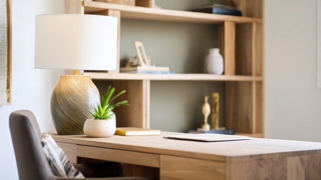 Modern workspace with wooden desk and cozy decor elements