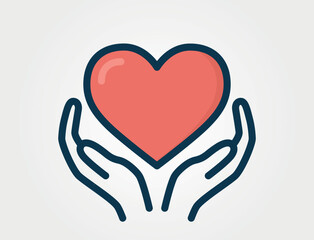 An illustrated icon of two hands holding a heart. Image symbolizes love, healthcare, heart protection or charity.