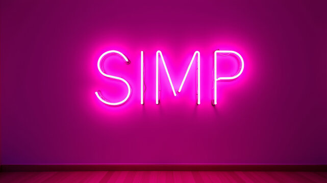 Glowing neon purple text on vibrant wall spelling slang term simp
