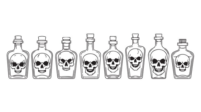 Set of hand drawn skull shaped bottles potion or elixir containers for halloween or spooky themes silhouette