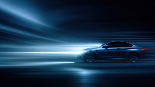 A sporty coupe driving with blurred speed lines in a dark setting