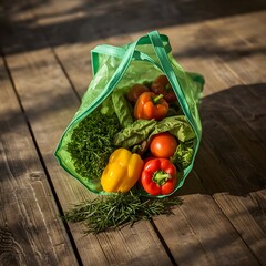 A vibrant reusable shopping bag filled with an assortment of fresh vegetables including crisp lettuce, vibrant bell peppers, and plump tomatoes, sits on a rustic wooden table