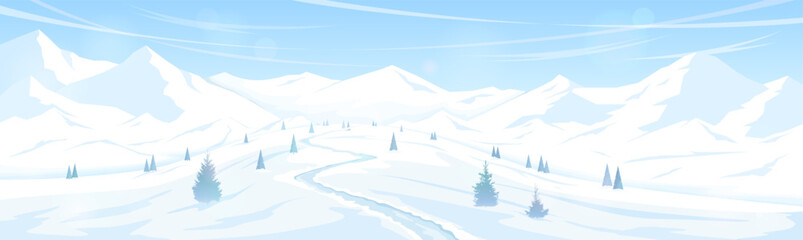 Winter mountain landscape. Panoramic view of snowy mountain ranges. Trail leading up. Concept of winter hiking, skiing and snowboarding. © i_mARTy