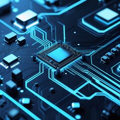 Close-up of a dark-colored circuit board with intricate glowing blue traces that resemble a network of neon pathways and various microchips of different shapes and sizes