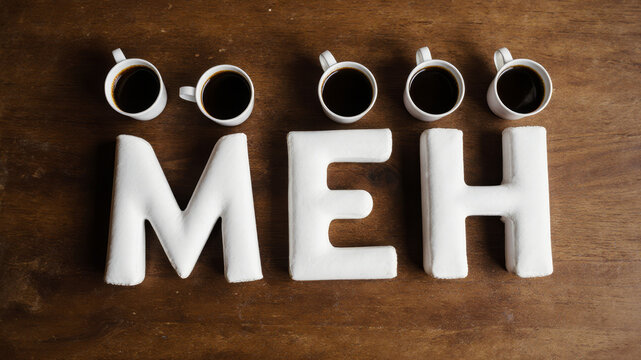 Wooden background with letters spelling meh in simple neutral street style