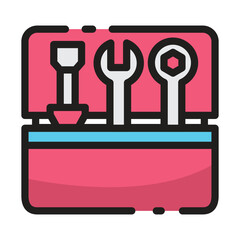 A red toolbox with three tools a screwdriver and two wrenches