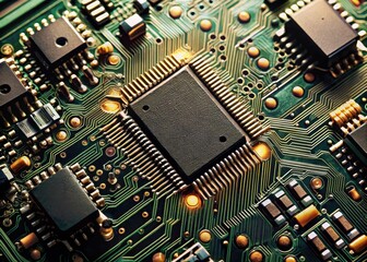 Fototapeta premium Detailed close-up shot of electronic circuit board with various microchips and connectors in a metallic sheen on a dark background