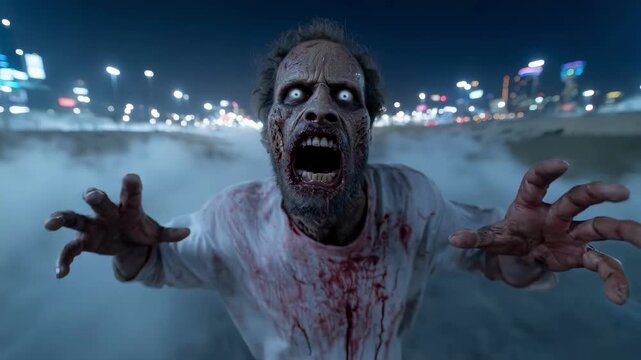 A terrifying zombie with white eyes, covered in blood, screams and lunges forward through fog on a city street at night, representing a horror movie scene, an apocalypse, or halloween