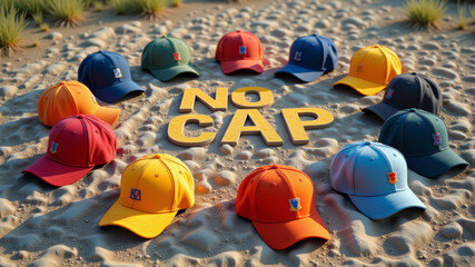 Colorful caps arranged on sand spelling viral slang term popular with youth