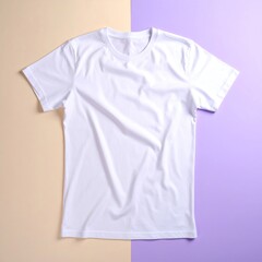 Plain White T-Shirt Displayed on a Split Background of Peach and Purple Creating a Clean and Modern Mockup