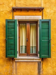 Classic Italian window on yellow sandy color wall facade with open wooden green color shutters in Venice