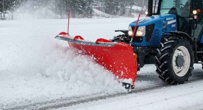 Snow Plow Tractor Clearing Road in Winter 