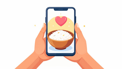 A pair of hands holding a modern smartphone displaying a heartwarming image of a fresh bowl of rice, symbolizing appreciation for simple, healthy meals and digital connection in daily life