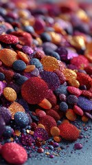 Vibrant collection of colorful glitter particles spread across a surface in intricate patterns during bright daylight