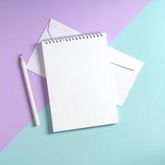 Minimalist Stationery Composition Spiral Notebook, Envelope, and Pencil Against a Two-Tone Background for Creative Designs and Mockups