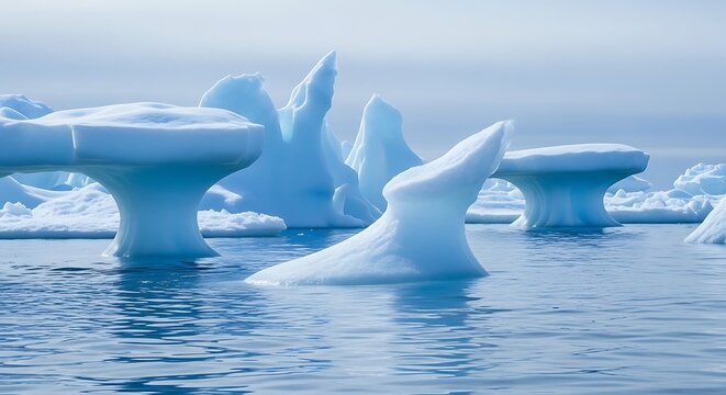 Sculpted icebergs float serenely in the calm, cool blue ocean waters under a soft, hazy sky - Powered by Adobe
