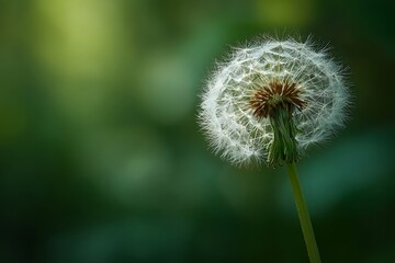 Obraz premium Dreamy dandelion seed head against a lush green backdrop evokes a sense of peace, hope, and new beginnings, ideal for nature-themed projects