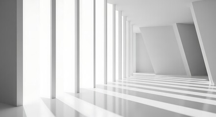 Modern architectural interior with tall white columns and long shadows cast by sunlight, creating a bright and minimalist hallway