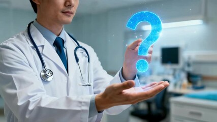 A thoughtful doctor in a white coat holds a glowing holographic question mark in a hospital, representing medical diagnosis, healthcare questions, and innovative technology in medicine - Powered by Adobe