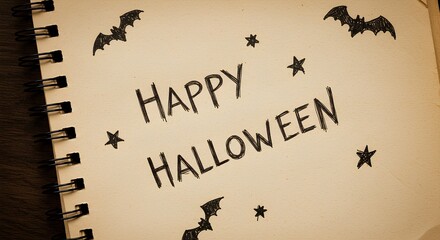 Happy Halloween handwritten text in old tattered notebook for Halloween design. Vintage notebook with spooky handwritten Happy Halloween lettering. Old worn notebook page