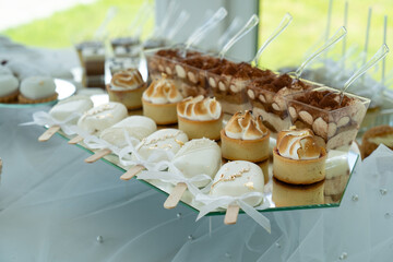 Candy bar with  with macaroons, different sweets and cupcakes. Wedding buffet.