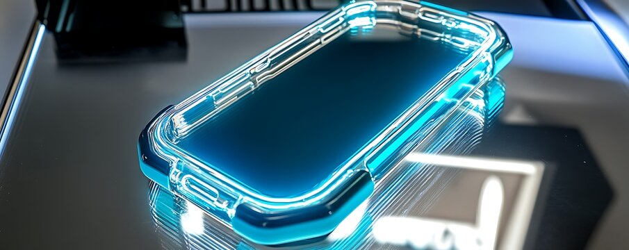Modern transparent phone case with aqua LED edges on tech glass showroom