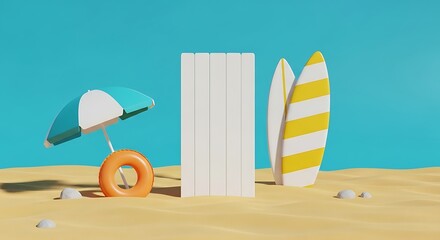 A whimsical beach scene with a colorful umbrella, lifebuoy, and surfboards on sandy ground