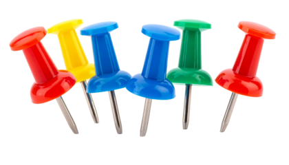 A set of colorful plastic push pins and a single red thumbtack, sharp office tools for attaching a paper note to a board, are isolated on white background.