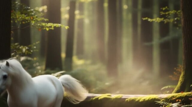 4K AI Generated Video of Majestic White Horse Running and Jumping in Enchanted Forest with Sunlight Rays and Natural Wildlife Atmosphere