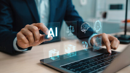 Dynamic businessman engaging AI tech on laptop with floating icons, illustrating innovation, future technology, and smart solutions in a modern workspace