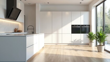Modern white kitchen interior with wood floor. Features sleek white cabinetry, integrated black ovens, black range hood over induction cooktop. Large windows allow natural light, minimalist design.