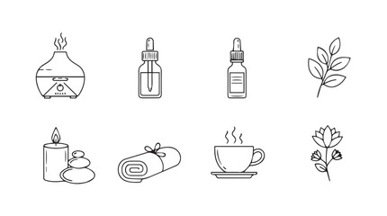 Aesthetic collection of hand-drawn beauty and wellness icons featuring serums hot drinks and botanicals silhouette