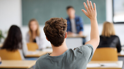 Back view of schoolboy raising hand in classroom during lesson. Education and learning concept.