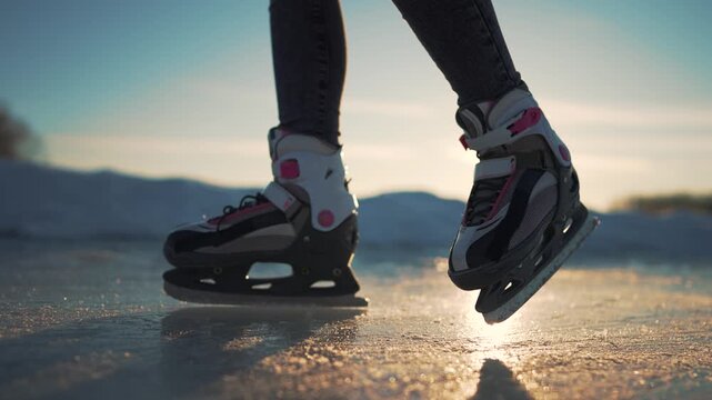Skating on frozen lake at sunset child wearing skate boot glides across ice in winter outdoor close up of skate blade and boot with sun reflection on ice showcasing frozen lake and winter skating