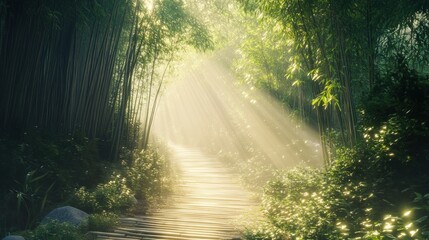 Fototapeta premium Sunbeams illuminating a path through a dense bamboo forest. Lush greenery surrounds a wooden pathway, bathed in golden sunlight