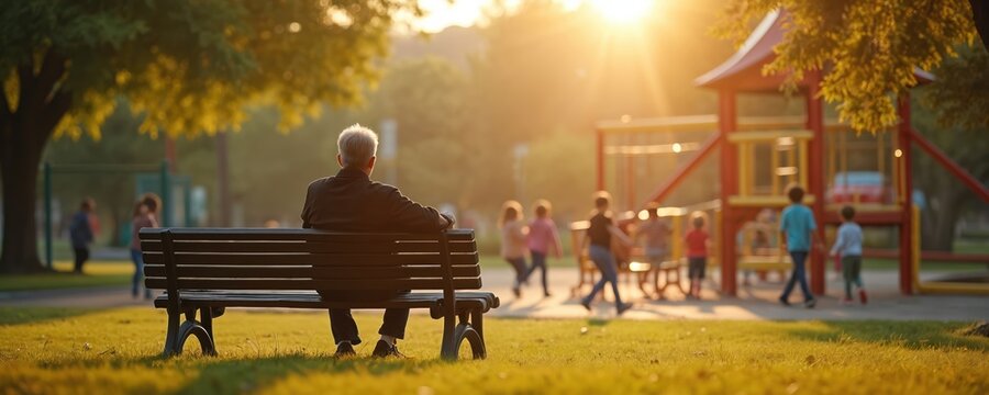 Elderly man sits on park bench, watching children play. Warm sunlight illuminates playground scene. Captures innocence, joy, family connection, and peaceful solitude in nature. - Powered by Adobe
