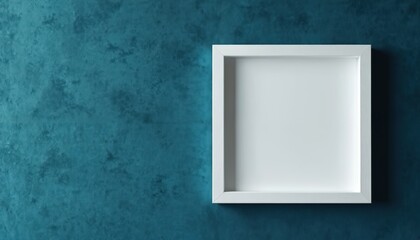 Square white picture frame on teal wall. Empty space for photo, art, design or mockup. Modern minimal interior, home decor concept. Turquoise textured background wall.