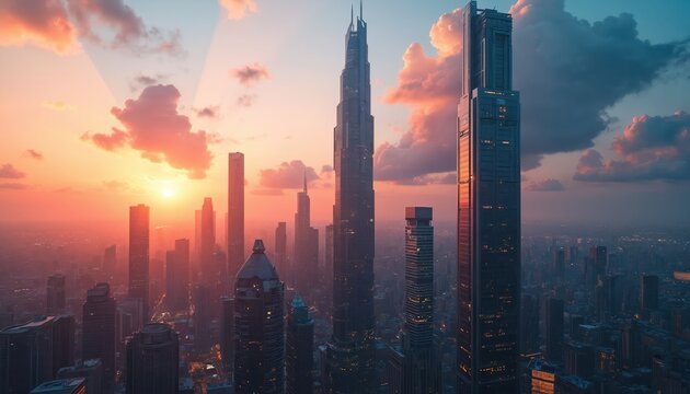 Futuristic cityscape with glowing skyscrapers under vibrant sunset sky. Modern urban architecture dominates, showing advanced metropolitan planning, technological innovation. Tall buildings