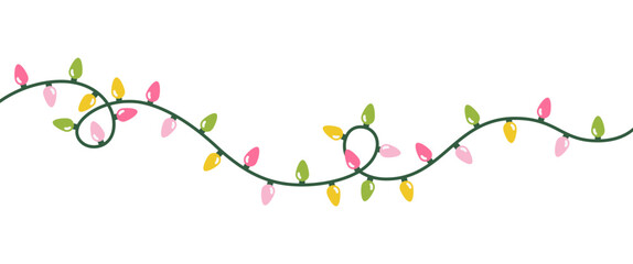 Light string garland flat vector illustration isolated on white. Festive Christmas winter holiday lamp.