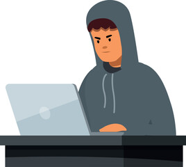 Hacker wearing a hoodie using laptop and programming virus, malware or spyware