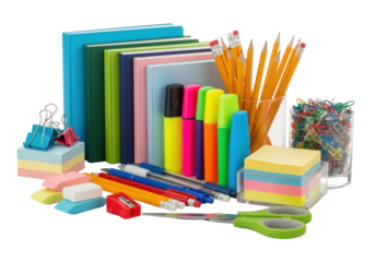 Meticulously arranged new vibrant school and office supplies on reflective white background, detailed product photography, clean professional studio light, concept of education and productivity
