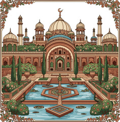 Create a Mughal garden with temple, arch. monkey, plant, tree, lotus, bougainvillea flower seamless pattern vector art with white background.