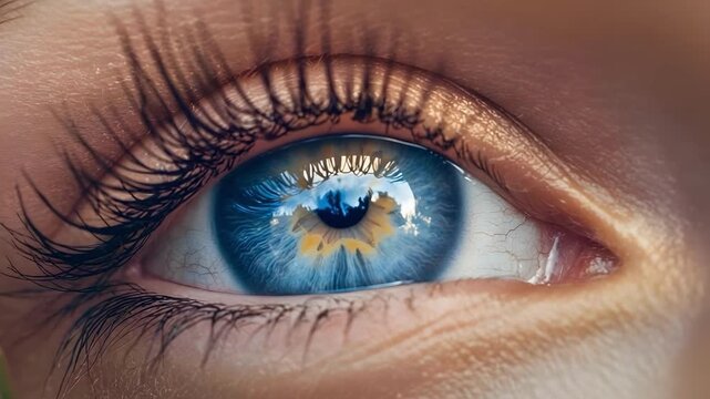 Close-up of a blue eye with intricate iris details, long lashes, and a bright reflection.