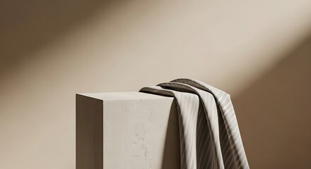 A square stone podium with draped fabric and soft light on a beige background