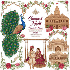 Create a Mughal wedding invitation card design with peacock, royal couple, temple, and Rajasthani palace elements for Sangeet night print vector art with white background..