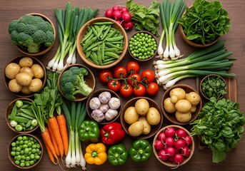 Assortment of Fresh Vegetables on Wooden Table – Top View Colorful Healthy Food Composition