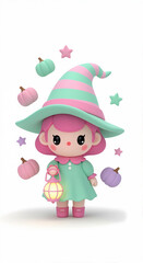Naklejka premium A cute kawaii witch girl in a pastel Halloween costume holding a glowing lantern. 3D character illustration with pumpkins and stars. Isolated on a white background with copy space.