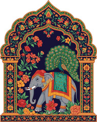 Create a Traditional Indian Jaipur style decorative arch, palace garden themed wedding frame with elephant, peacock, flower vector art with white background.